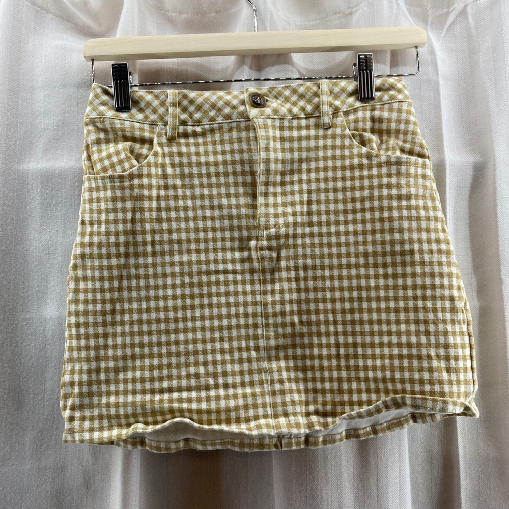 Kendall & Kylie Gingham Mini Skirt Tan White Small Neutral Western Free-Spirited